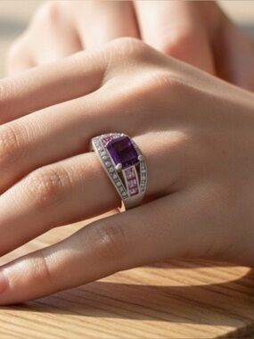 Amethyst & Lab Created Diamonds and Pink Sapphire Ring NWOT